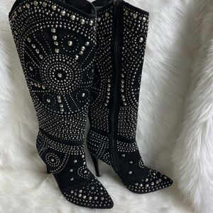 Lauren Lorraine LoLa black studded knee high heels pointed toe side zipp…